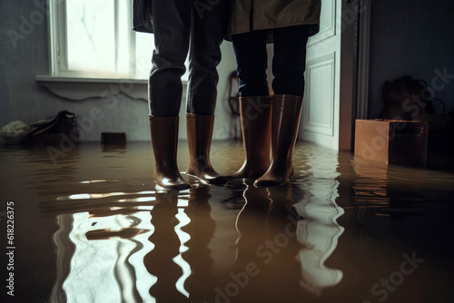 Paar steht in ihrem überfluteten Haus - Generative AI photo