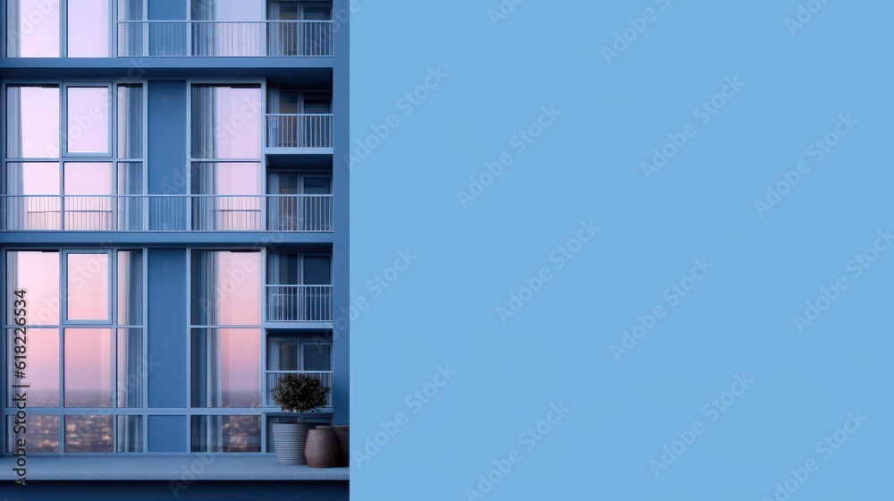 Side view of condominium room close up with blue background.Concept for real estate property and condo.3d rendering Side view of condominium room close up with blue background.Concept for real estate property and condo.3d rendering