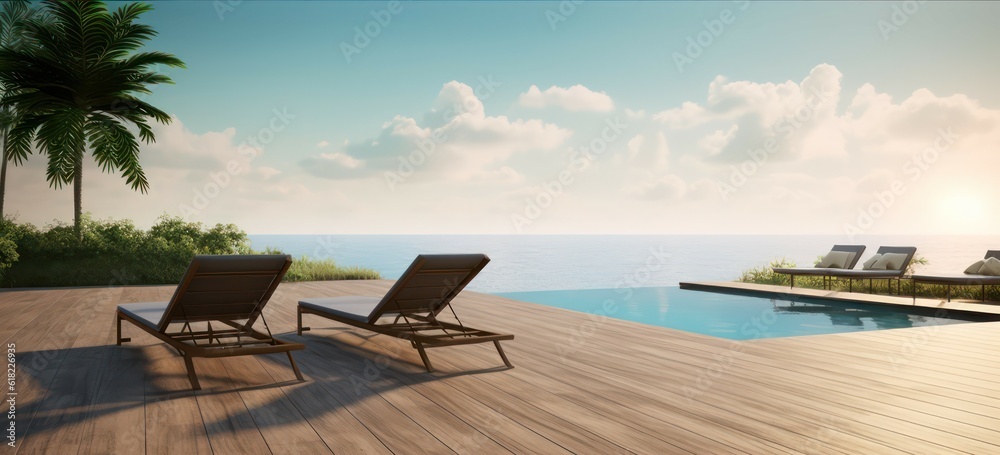 Naklejka premium Sunbeds and dining table on wooden floor deck with infinity edge swimming pool.3d rendering