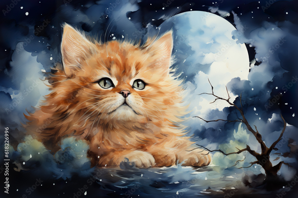 A sleepy kitten is sitting on a cloud in the night sky about to sleep peacefully. Generative AI.
