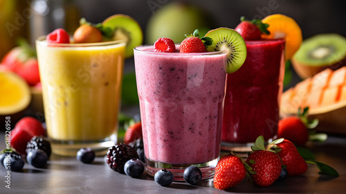 Set of fruit smoothies, healthy fruit and vegetable smoothies.Generative Ai.