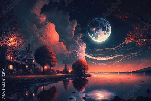 Beautiful night landscape with the big full moon and the lakeside cottage, illustration generative AI