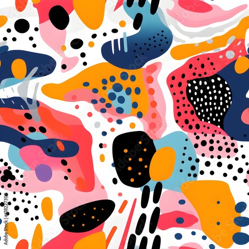 A seamless pattern featuring abstract shapes, lines, and textures in a vibrant and eclectic mix, creating a visually captivating design with colorful tones. Generative AI