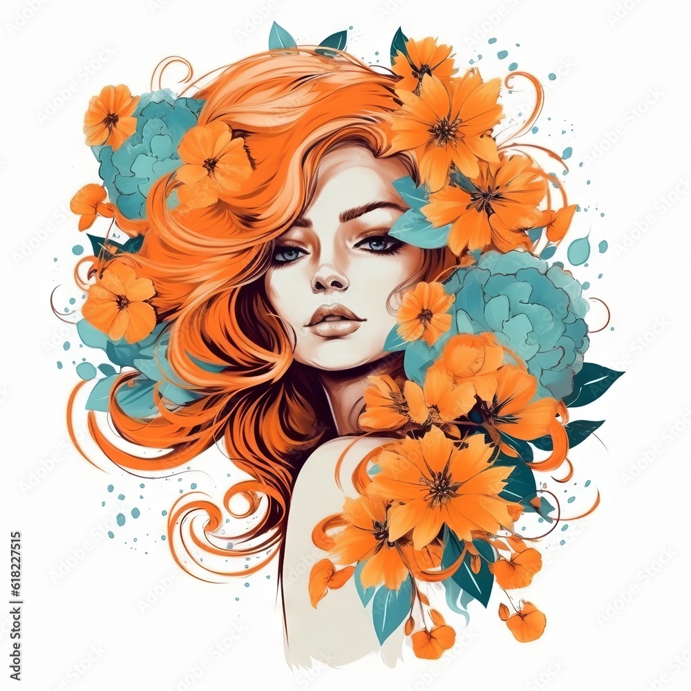 Beautiful girl face with long curly hair and orange autumn  flowers in hair. Art Portrait of beautiful young woman with flowers. Hand drawn vector illustration.  Fashion illustration in orange colors.