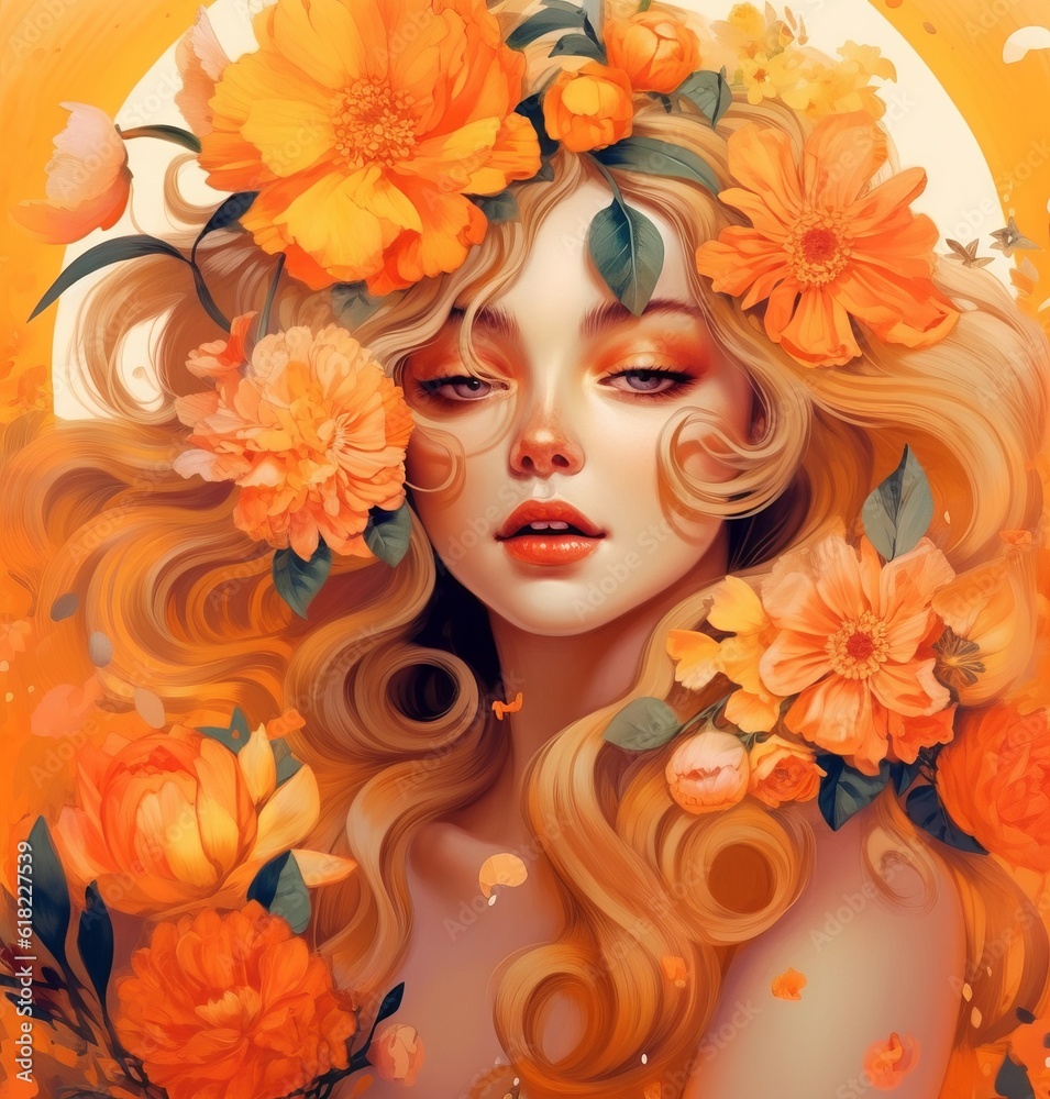 Beautiful girl face with long curly hair orange autumn leaves and flowers. Art Portrait of beautiful young woman with flowers. Hand drawn vector illustration.  Fashion illustration in orange colors.