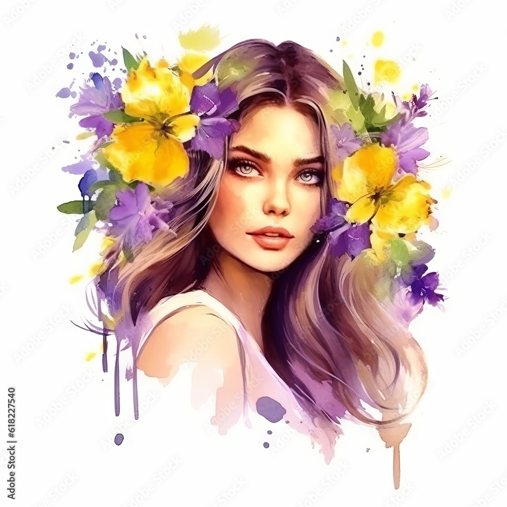 Beautiful girl with colorful flowers in her hair. Digital watercolor painting. Art oil Portrait of beautiful young woman with flowers. Fashion drawn vector illustration. Watercolor portrait of woman Beautiful girl with colorful flowers in her hair. Digital watercolor painting. Art oil Portrait of beautiful young woman with flowers. Fashion drawn vector illustration. Watercolor portrait of woman