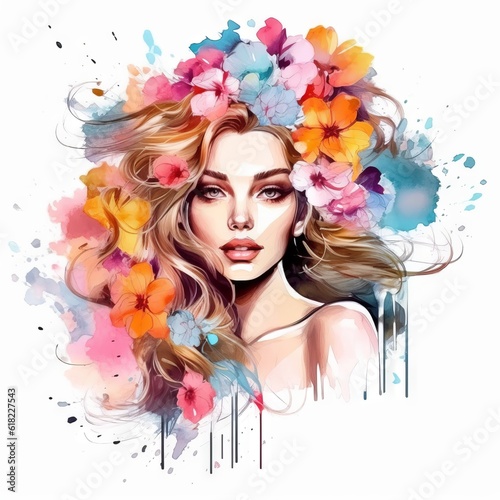 Beautiful girl with colorful flowers in her hair. Digital watercolor painting. Art oil Portrait of beautiful young woman with flowers.  Fashion drawn vector illustration.  Watercolor portrait of woman