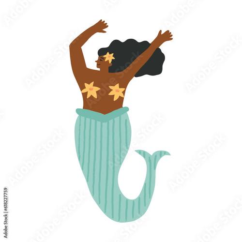 A cute African mermaid happily dancing with her hands up under her head, a mermaid girl waving, enjoying life.