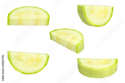 vegetable marrow or zucchini, cut into different pieces, isolated from background