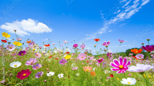 Colorful cosmos flower meadow in spring with blue sky.Generative Ai.