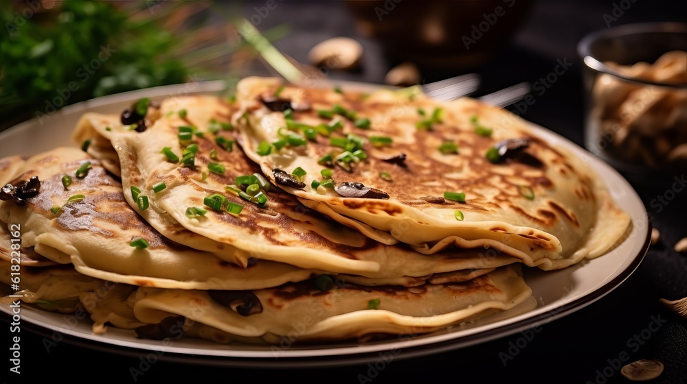Fototapeta premium Pancakes. Yellow stuffed pancakes with mushrooms and sour cream. light background. Beautiful and delicious breakfast at home or in a cafe. Concept: Maslenitsa menu. Slavic carnival. Generative AI 