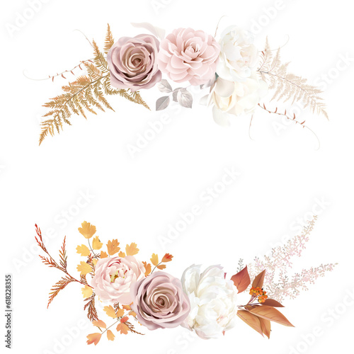 Rust orange, beige, white rose, camellia flower, peony, pampas grass, golden fern, pastel dried leaves vector