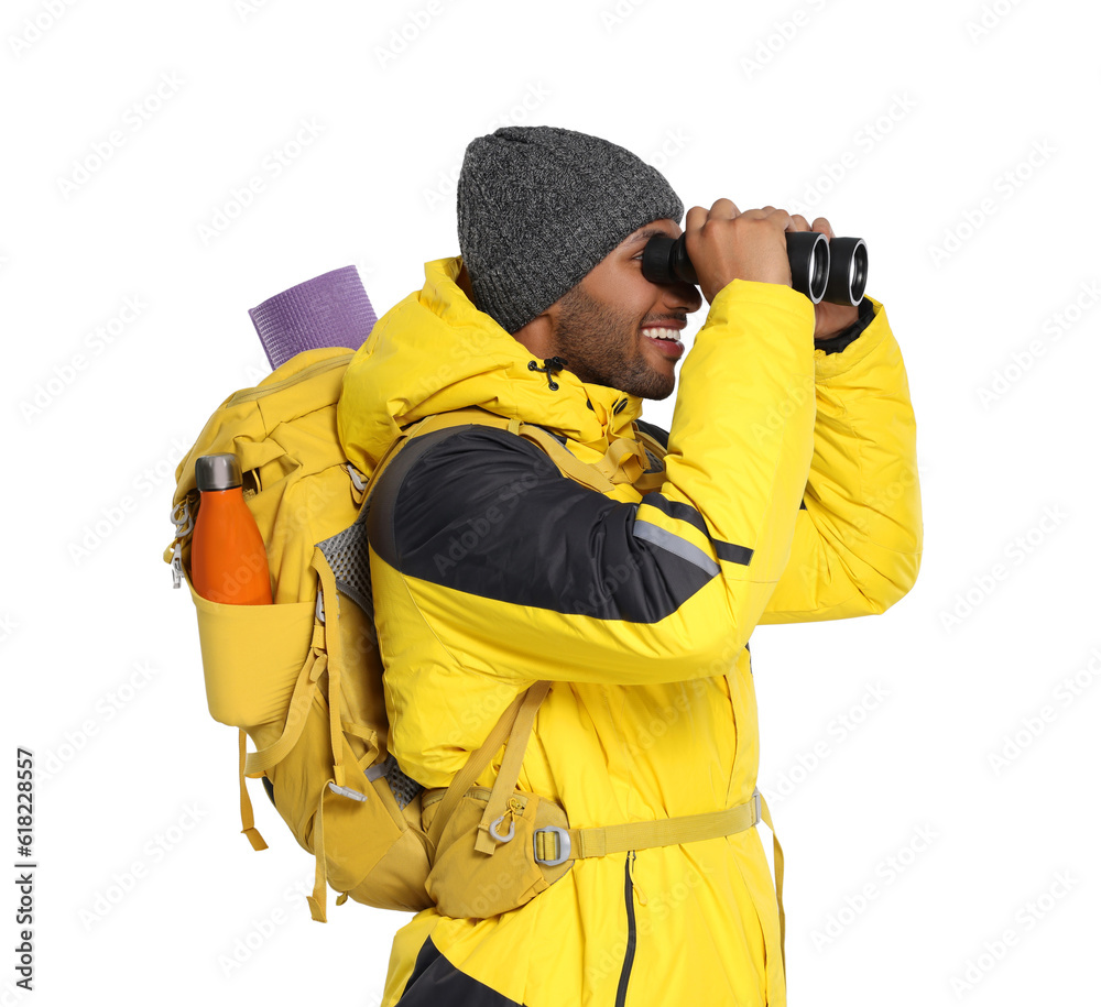 Happy tourist with backpack looking through binoculars on white background Happy tourist with backpack looking through binoculars on white background
