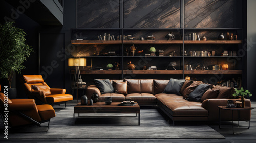 Modern Dark Home Interior Background Living Room, Mockups Design 3D, High-quality Mockups, Generative Ai