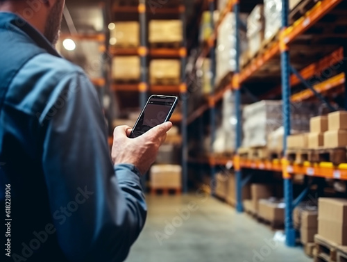 Businessman using smartphone monitoring to check warehouse,business concept.Generative Ai.