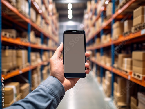 Businessman using smartphone monitoring to check warehouse,business concept.Generative Ai.