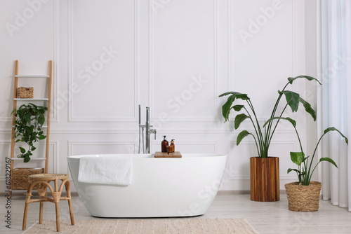 Stylish bathroom interior with beautiful tub  stool and houseplants