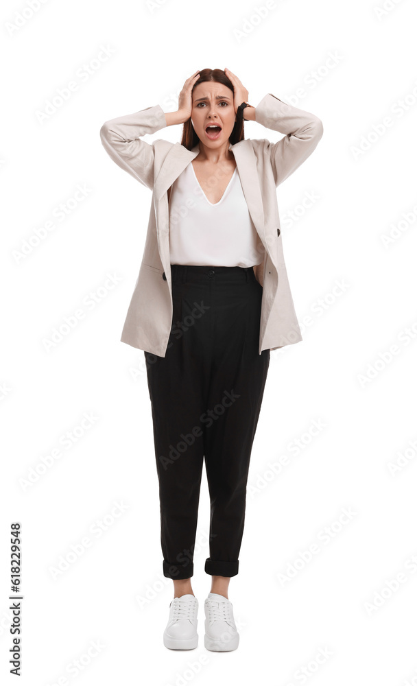 Beautiful emotional businesswoman in suit on white background Beautiful emotional businesswoman in suit on white background