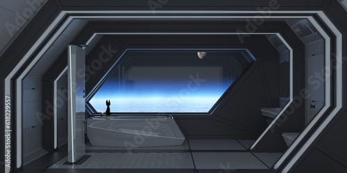 Futuristic Spaceship Bathroom with a view towards planet Earth