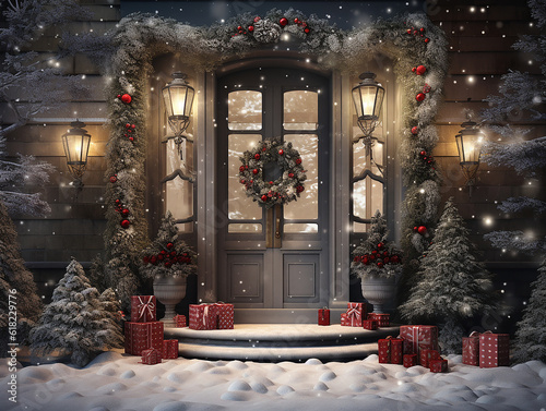tipica porta di ingresso americana decorata per sfondo Natalizio per foto, Natale, Portone di Natale addobbato con ghirlande , pacchetti regalo, alberi di Natale, ghirlande di pino e palle colorate,  photo