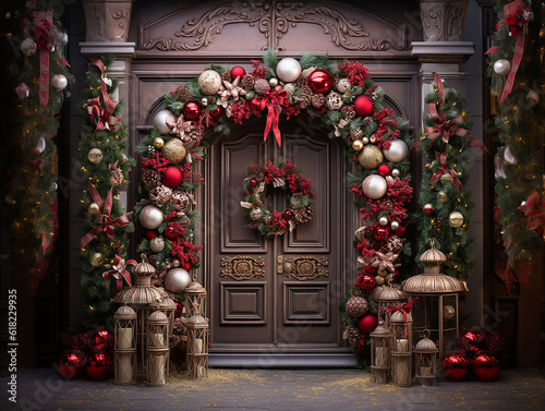 tipica porta di ingresso americana decorata per sfondo Natalizio per foto, Natale, Portone di Natale addobbato con ghirlande , pacchetti regalo, alberi di Natale, ghirlande di pino e palle colorate, 