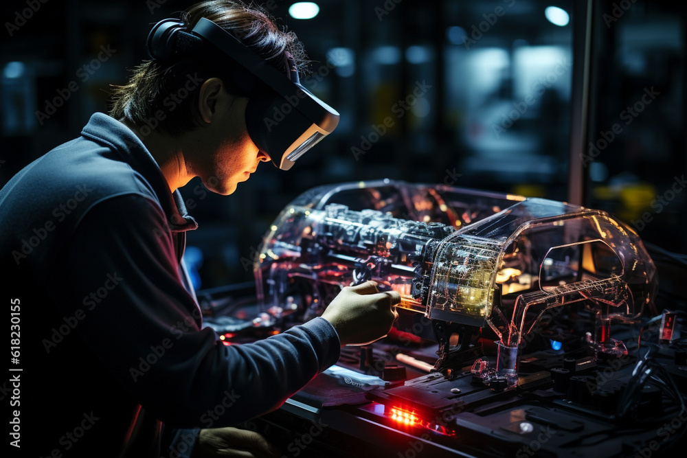 An Automotive Engineer, Sporting a VR Headset, Works on a 3D Electric Car Prototype using Augmented Reality. Through Gestures, the Engineer Designs and Manipulates Graphical Parts Ai generative