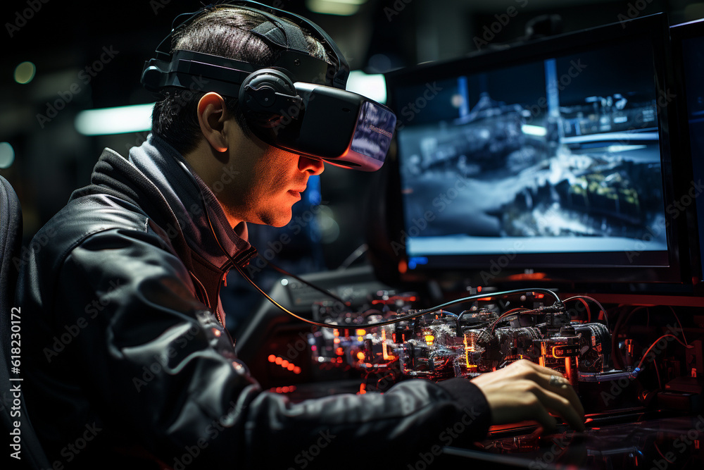 An Automotive Engineer, Sporting a VR Headset, Works on a 3D Electric Car Prototype using Augmented Reality. Through Gestures, the Engineer Designs and Manipulates Graphical Parts Ai generative