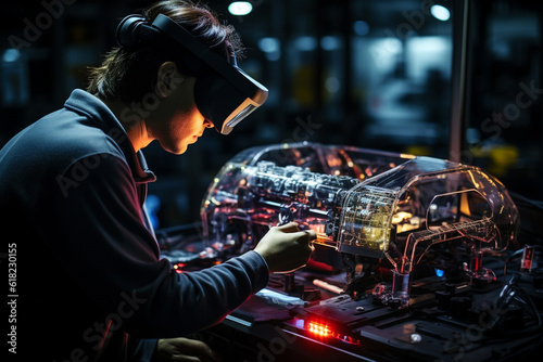 An Automotive Engineer, Sporting a VR Headset, Works on a 3D Electric Car Prototype using Augmented Reality. Through Gestures, the Engineer Designs and Manipulates Graphical Parts Ai generative