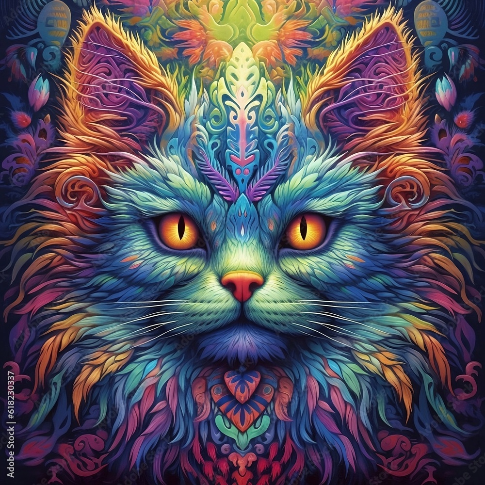 Fototapeta Mystical cat journeys through DMT ART.