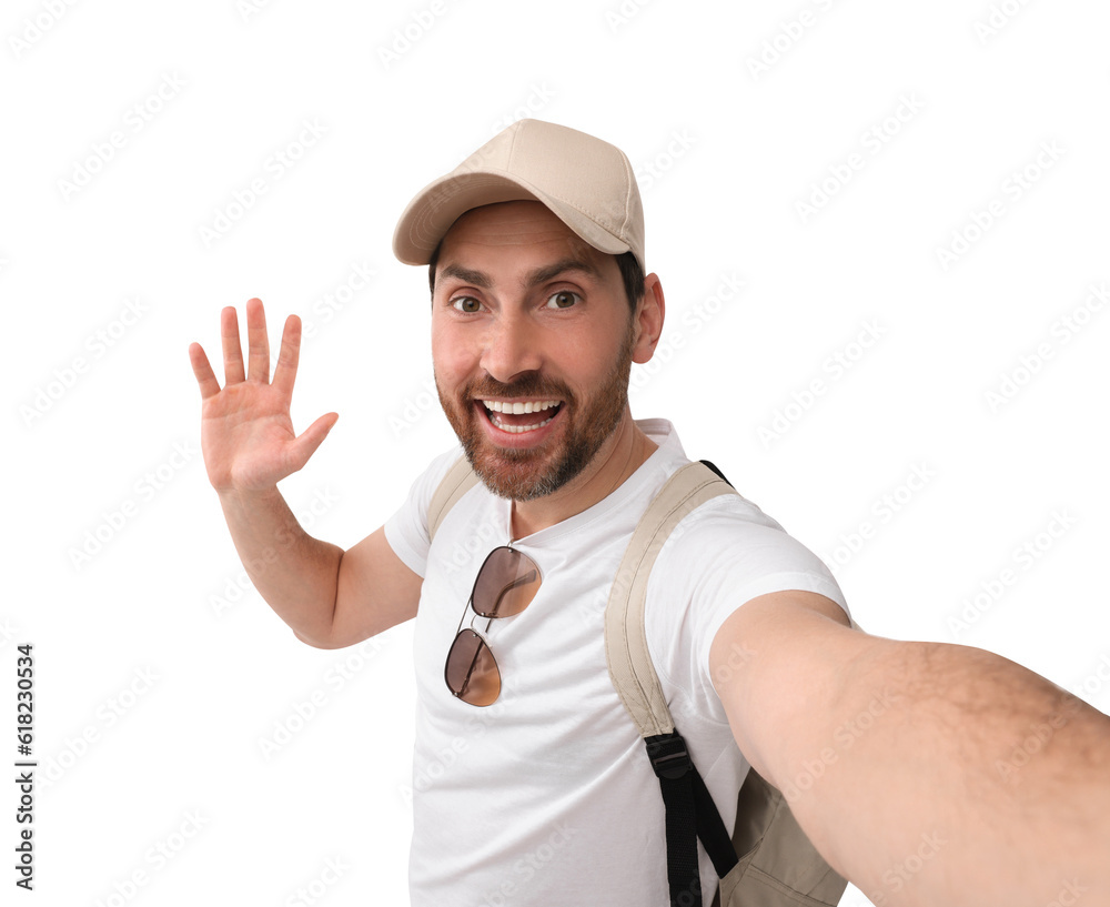 Smiling man taking selfie on white background Smiling man taking selfie on white background