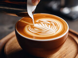 Hand of pour milk to making latte art coffee at cafe shop.Generative Ai.