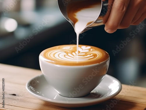 Hand of pour milk to making latte art coffee at cafe shop.Generative Ai.