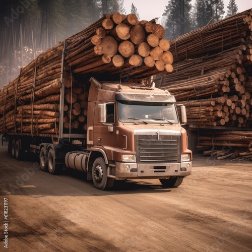 Long heavy industrial wood carrier with freshly sawn wood on the road. Generative Ai.