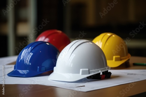  white red and blue safety helmet on workplace table AI Generated