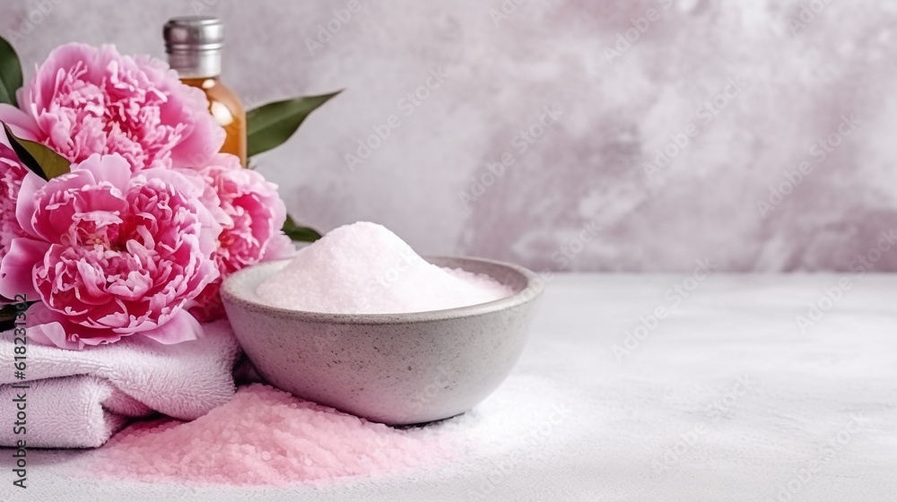 Spa set of spa treatment elements on white wooden,Peonies White towel,pink herbal salt.Generative Ai. Spa set of spa treatment elements on white wooden,Peonies White towel,pink herbal salt.Generative Ai.
