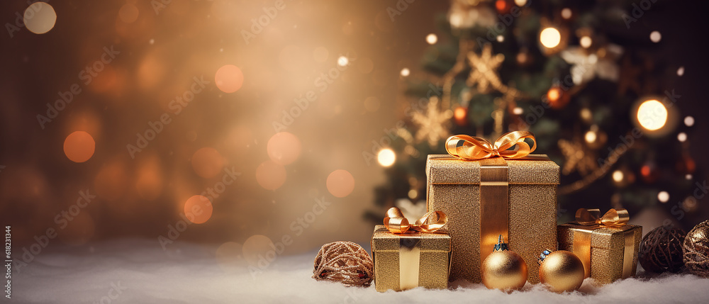 Christmas gift boxes with copy space. Christmas tree on white bokeh background. Christmas scene. Generative AI