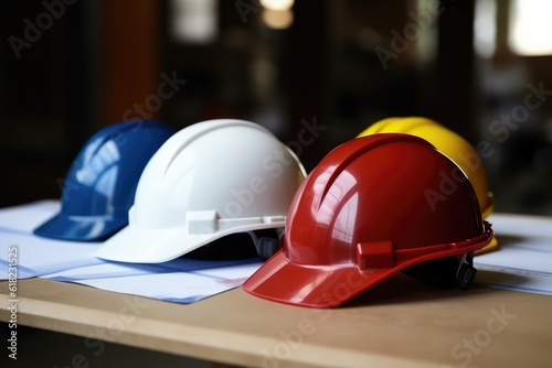  white red and blue safety helmet on workplace table AI Generated