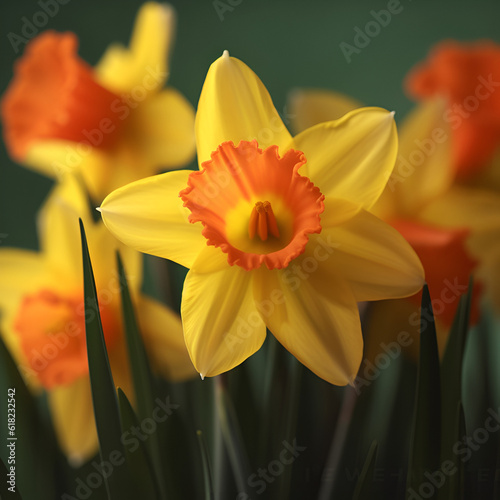 Daffodils on a green background. Background.
