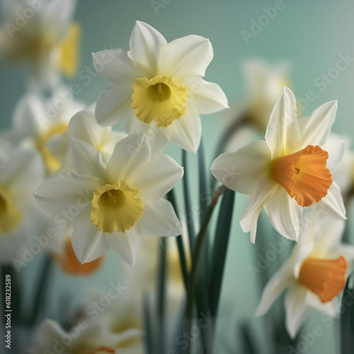 Daffodils on a blue background. Background.