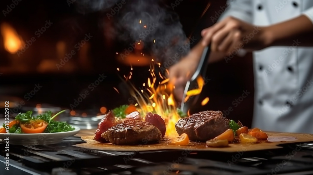 Fototapeta premium Chef standing close up cooking steak in the kitchen .Generative Ai.
