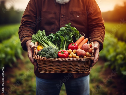 Gardener holds basket of harvested vegetables against  farm background .Generative Ai. © Inlovehem