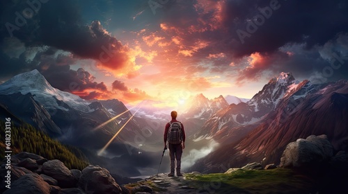 Beautiful Aerial Landscape of British Columbia  Canada. Adventurous Man Hiker Standing in Cave with Cloudy Rocky Mountains in Background  Generative AI