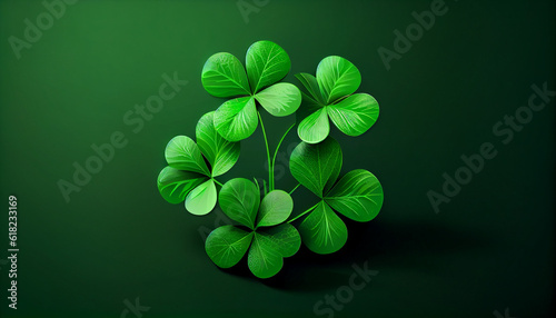 Shamrock lucky four leaf clovers on green background. St. Patrick's Day illustration. Luck of the Irish Ai generated image