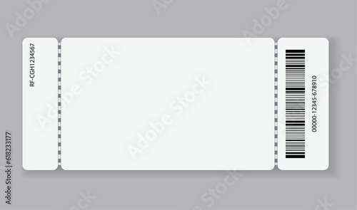 Empty ticket template. Blank concert ticket or lottery coupon. Event coupon or cinema movie theater card. Festival or circus paper empty flyer. Vector isolated illustration