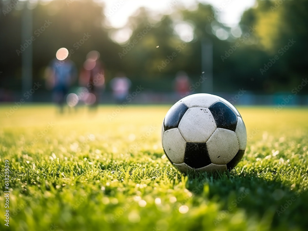 Fototapeta premium Focus on the soccer ball in the center of the soccer field.Generative Ai.