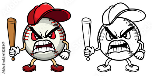 angry baseball wearing a baseball hat and holding a baseball bat cartoon mascot vector illustration ,  Mad base ball mascot character vector image, colored and black and white stock vector