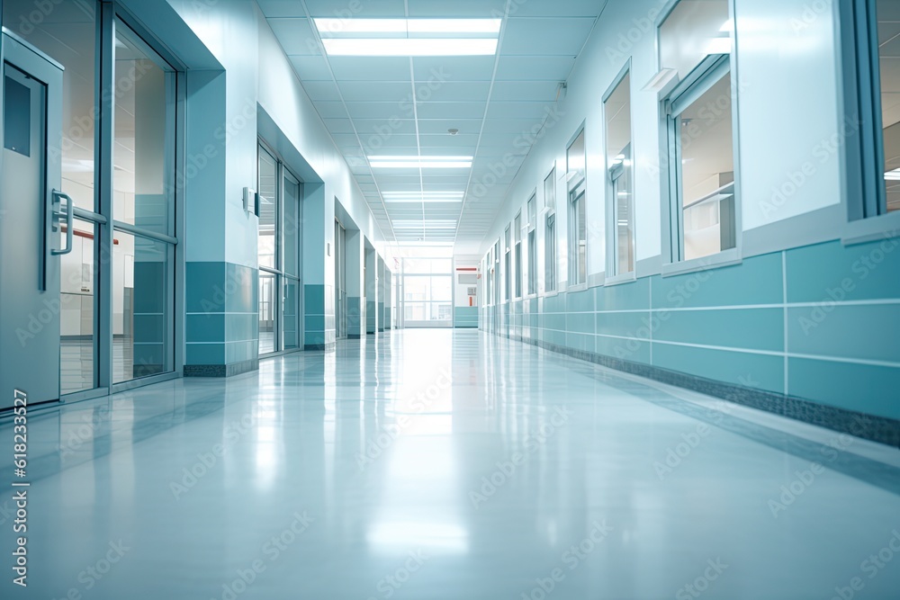 Blurred Image Background of a Hospital or Clinic Corridor for Adult Care, Tied-Up with Abstract Blue Building Colors: Generative AI