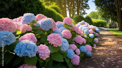 Breath-taking Hydrangea Garden in Brittany: A Blissful Burst of Colours and Nature's Divine Tree Lining the Path. Generative AI