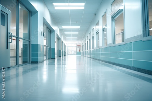Blurred Image Background of a Hospital or Clinic Corridor for Adult Care  Tied-Up with Abstract Blue Building Colors  Generative AI