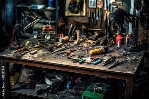 photo welding workplace desk with stuff and equipment AI Generated